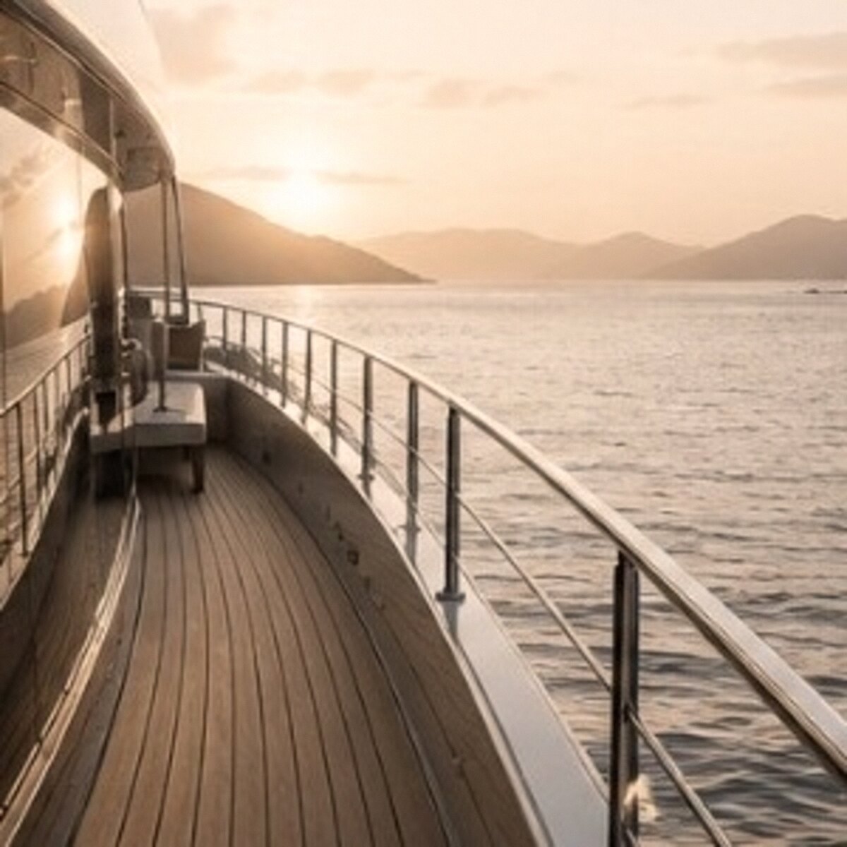 Side deck of a motor vessel leading forward towards the helm at golden hour