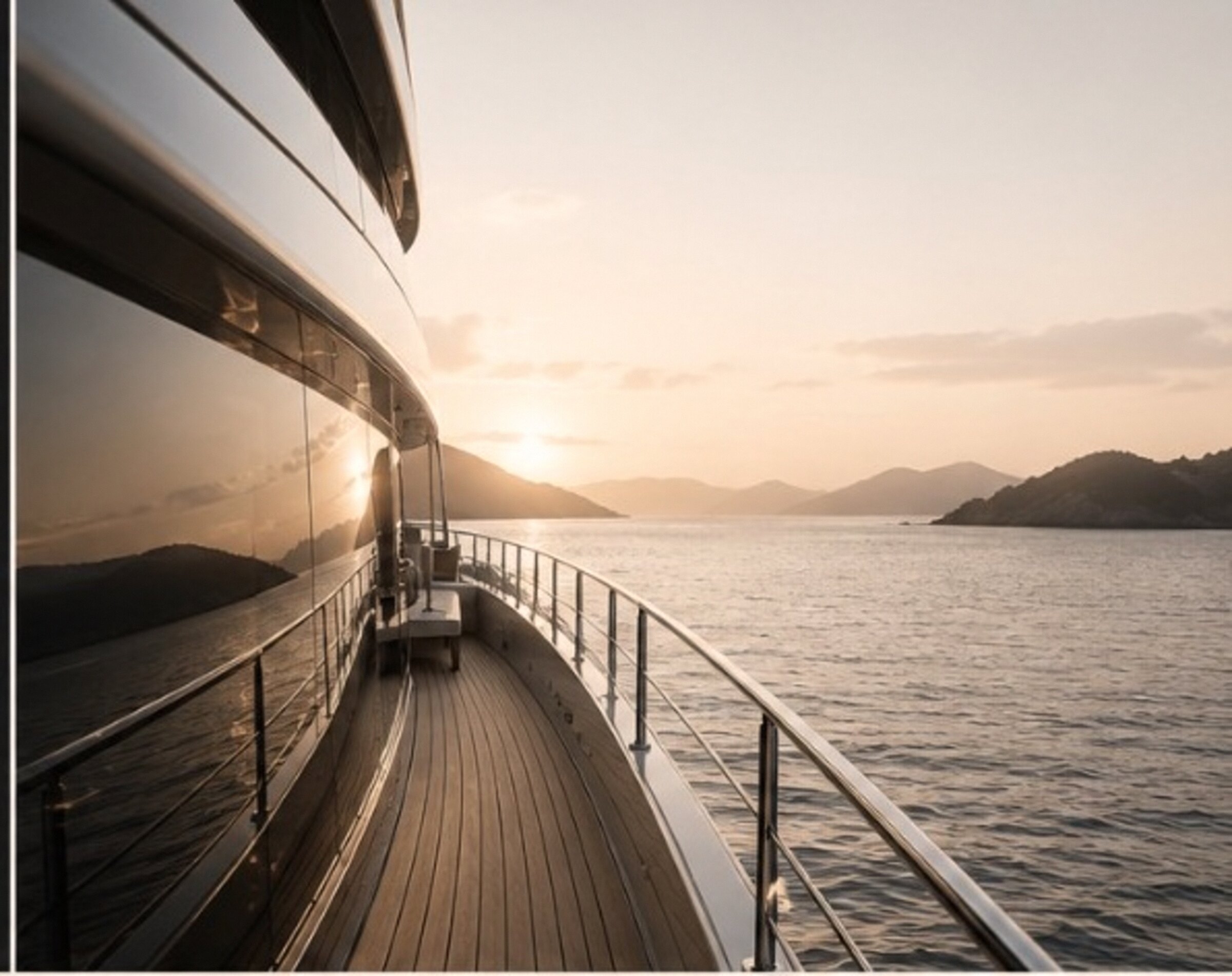 Side deck of a motor vessel looking out across calm water towards distant islands at sunset